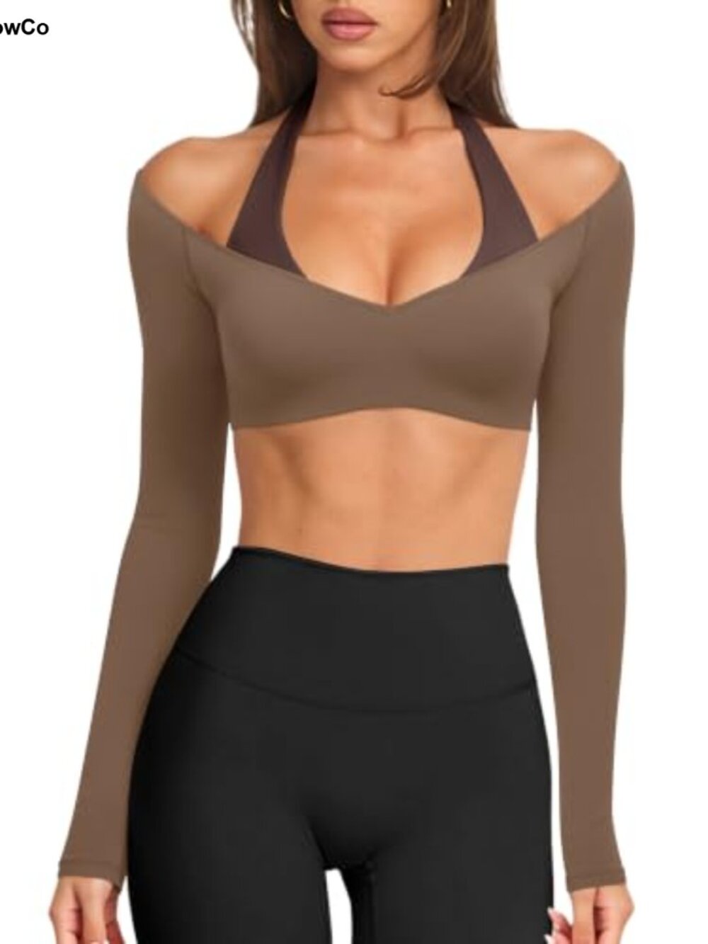 Womens Halter Crop Top Long Sleeve Workout Top Built in Bra Gym Yoga